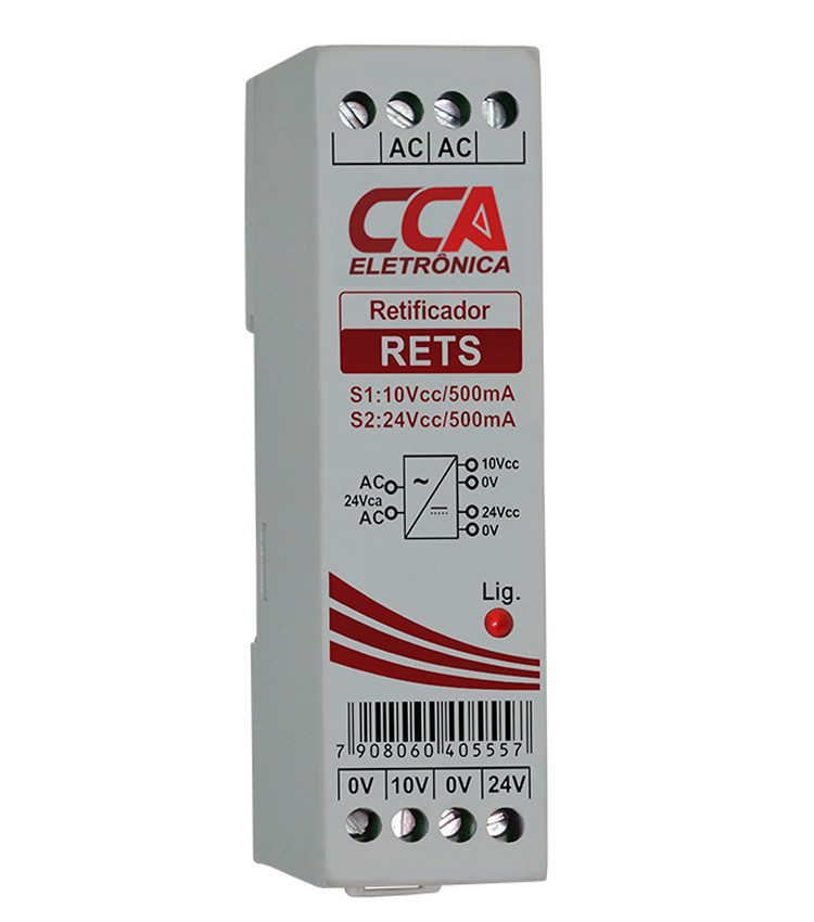 Retificador Tensão Ac-Dc Entrada 24Vac / Saída 10Vdc + 24Vdc 500mA Retificador Tensão Ac-Dc Entrada 24Vac / Saída 10Vdc + 24Vdc 500mA