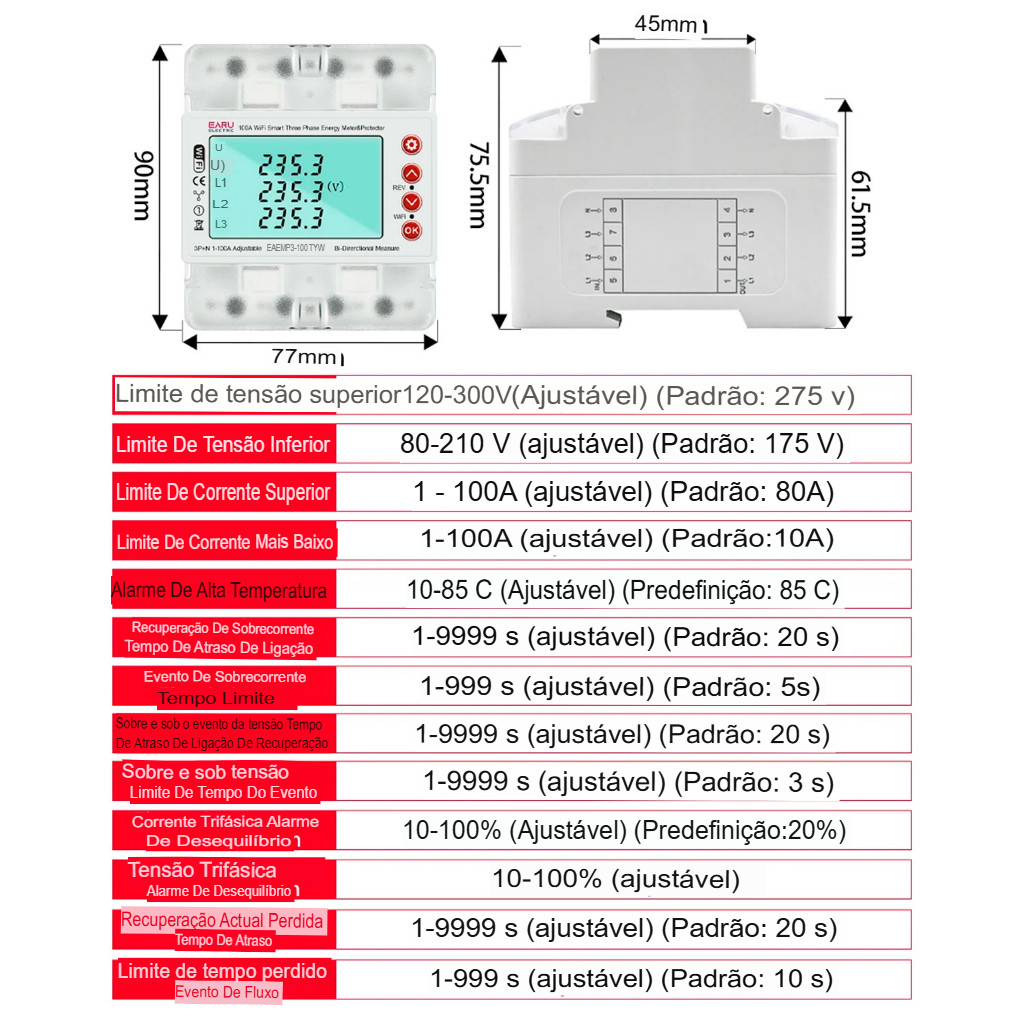 Medidor Energia Kwh Bidirecional Trifásico 100a 110/220/380v Wifi Aplicativo