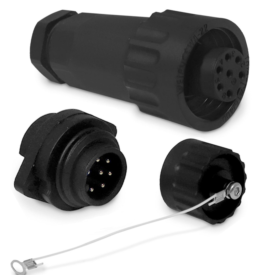 Kit Conector Fêmea + Macho Embutir 7 Vias com Tampa Blindado IP68 - WA22 Kit Conector Fêmea + Macho Embutir 7 Vias com Tampa Blindado IP68 - WA22