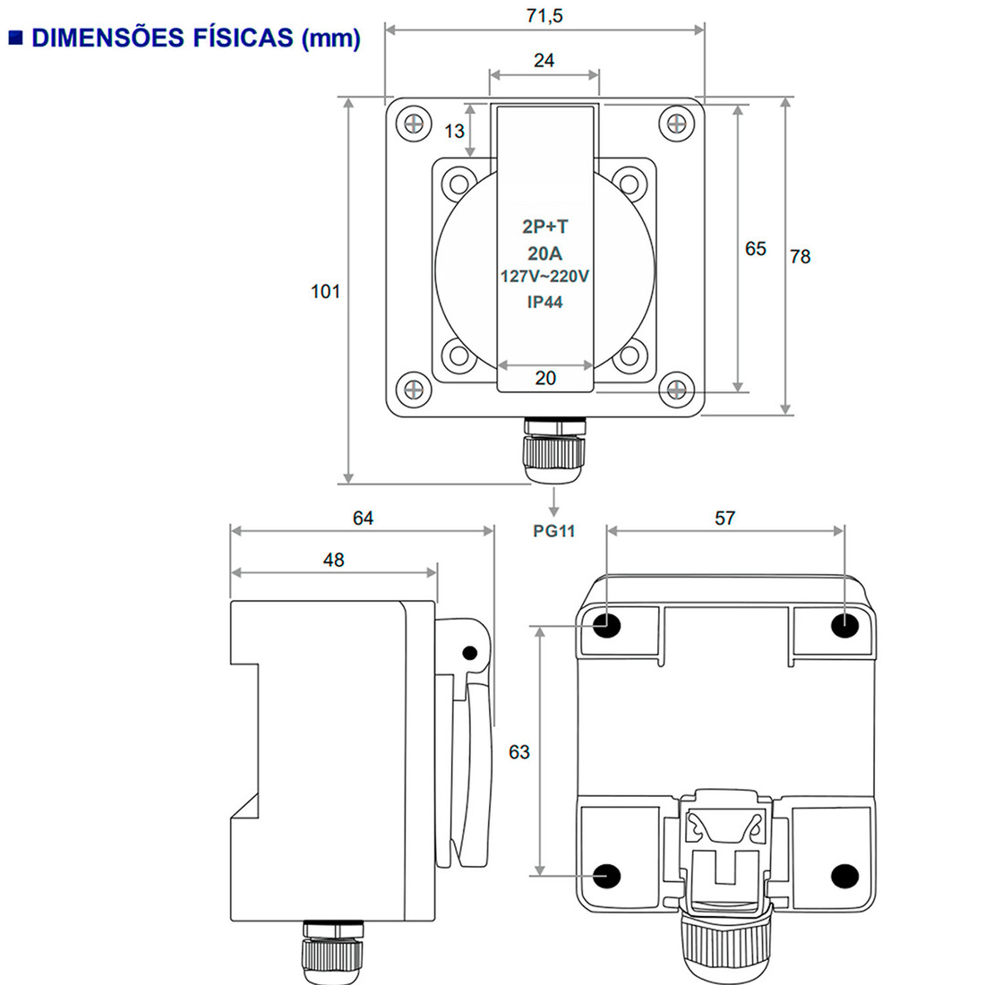 Tomada Azul c/ Tampa e Caixa Preta 2p+t 10A e 20a Padrão Brasileiro Trilho Din