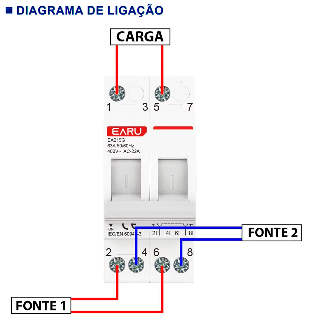 Chave de Transferência 2 Polos 63A Trilho DIN Bipolar Rede Gerador