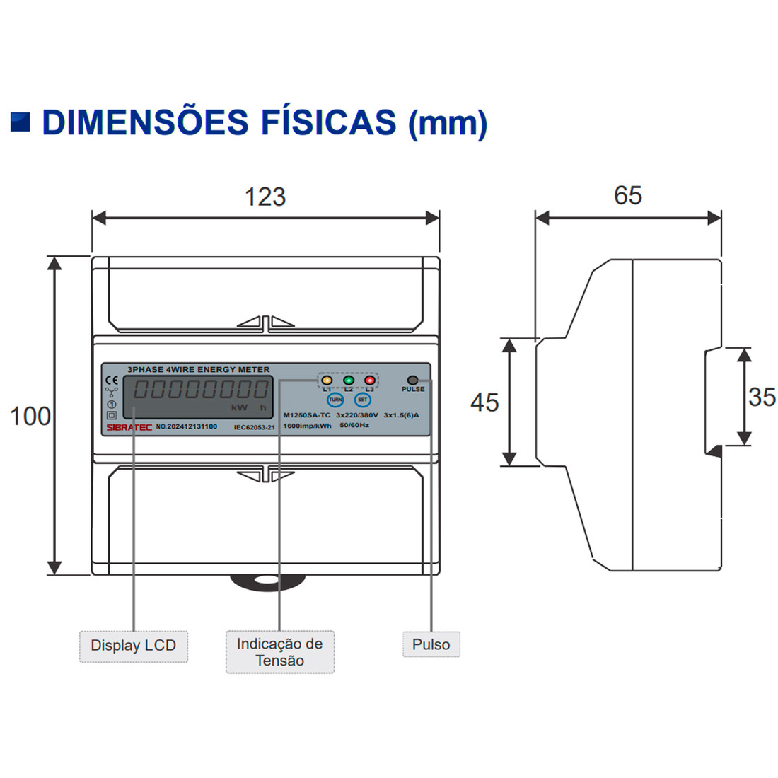 Kit Medidor Energia Kwh Trifásico + 3 TC Transformador de Corrente Kit Medidor Energia Kwh Trifásico + 3 TC Transformador de Corrente
