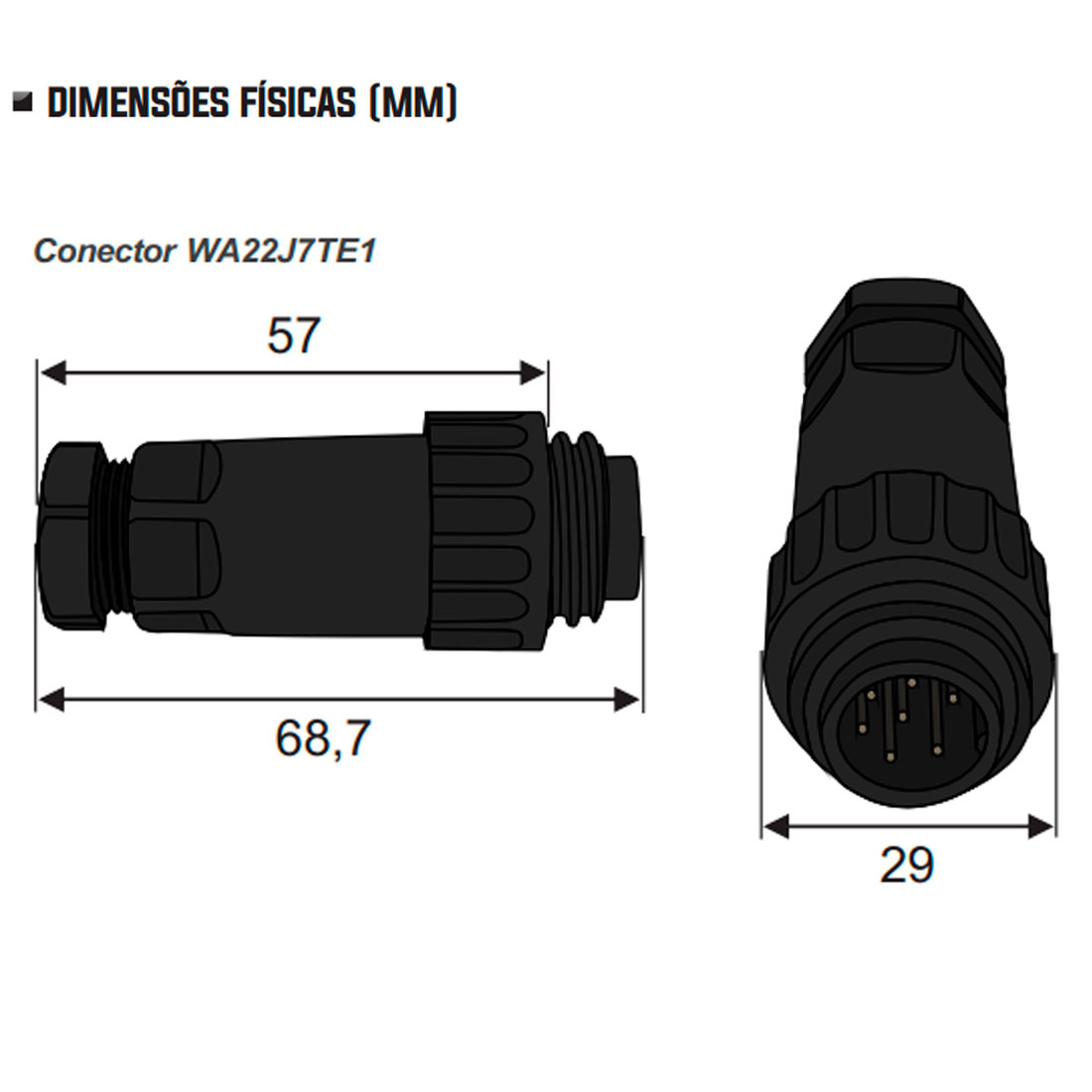 KIT Conector Fêmea + Macho 7 Vias Pendente para Cabo sem Tampa Blindado IP68 - WA22
