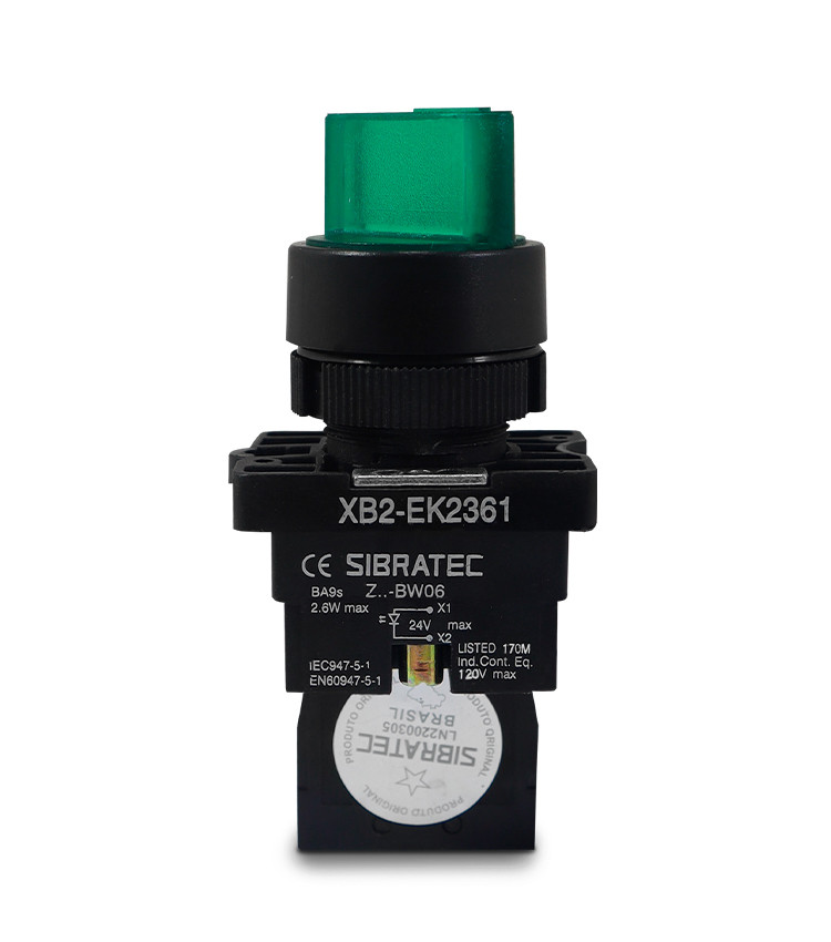 Chave Seletora Iluminada Verde 24V com 2 Posições 1NA Plástica 22mm - XB2-EK2361 Chave Seletora Iluminada Verde 24V com 2 Posições 1NA Plástica 22mm - XB2-EK2361