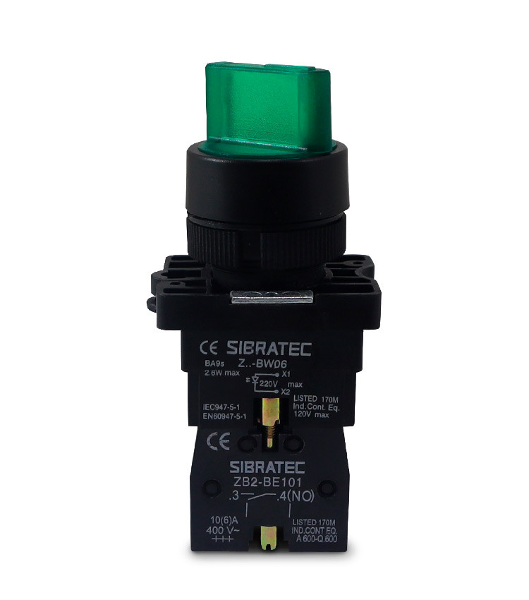 Chave Seletora Iluminada Verde 220V com 3 Posições 2NA Plástica 22mm - XB2-EK3365