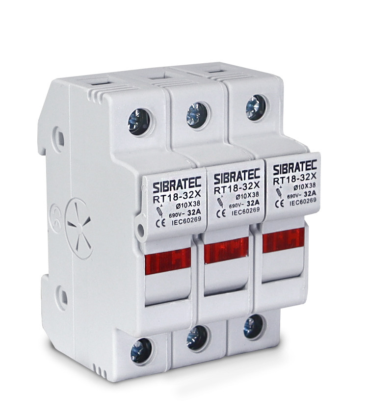 Porta Fusível Cartucho 3 Polos até 32A RO15 10x38mm 690V com LED Indicador - RT18-32