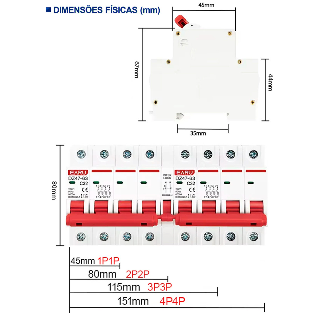 Chave Transferência 1+1 Polo 63A Trilho DIN Disjuntor Intertravado Rede Gerador - DZ-47
