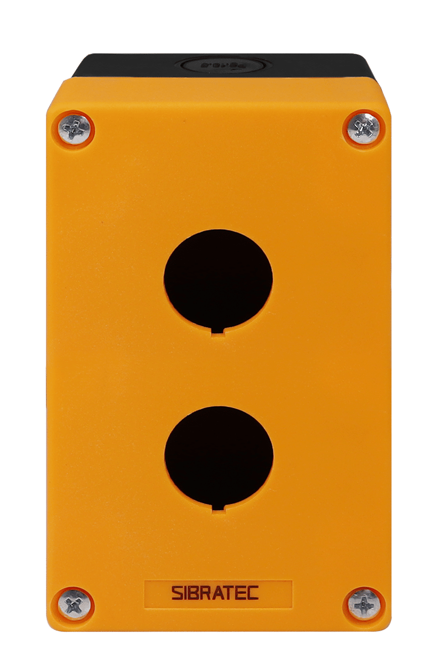 Caixa Plástica Botoeira com 2 Furos 22mm Amarelo e Preto Caixa Plástica Botoeira com 2 Furos 22mm Amarelo e Preto