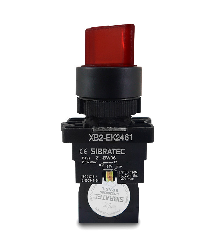 Chave Seletora Iluminada Vermelho 24V com 2 Posições 1NA Plástica 22mm - XB2-EK2461