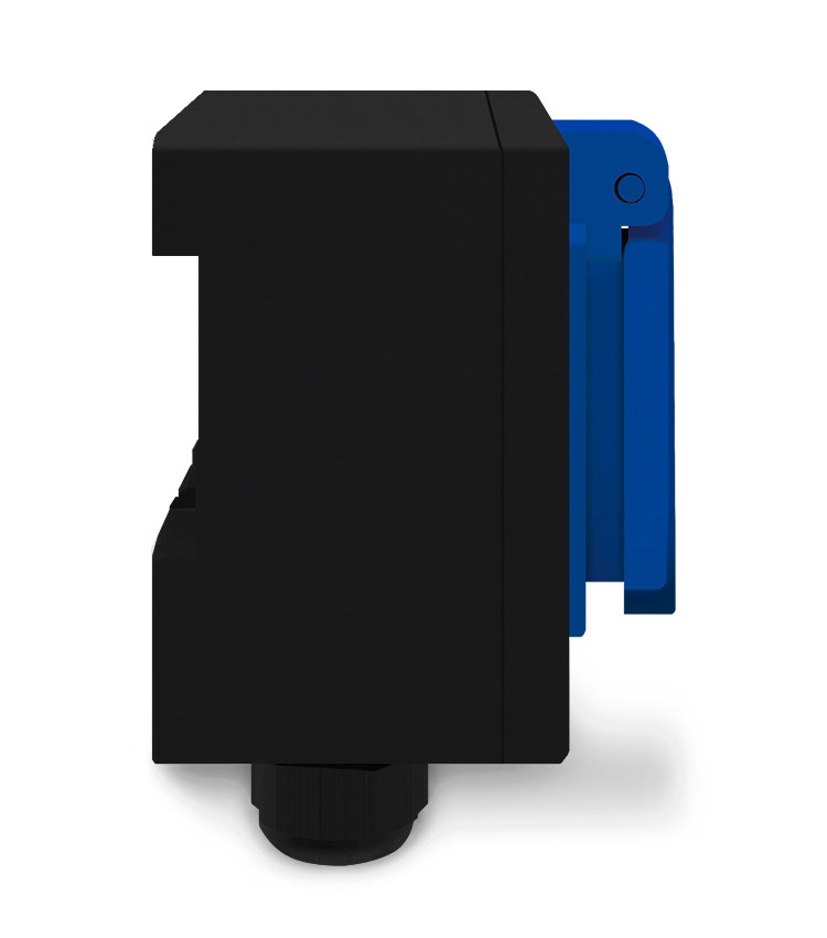 Tomada Azul c/ Tampa e Caixa Preta 2p+t 10A e 20a Padrão Brasileiro Trilho Din