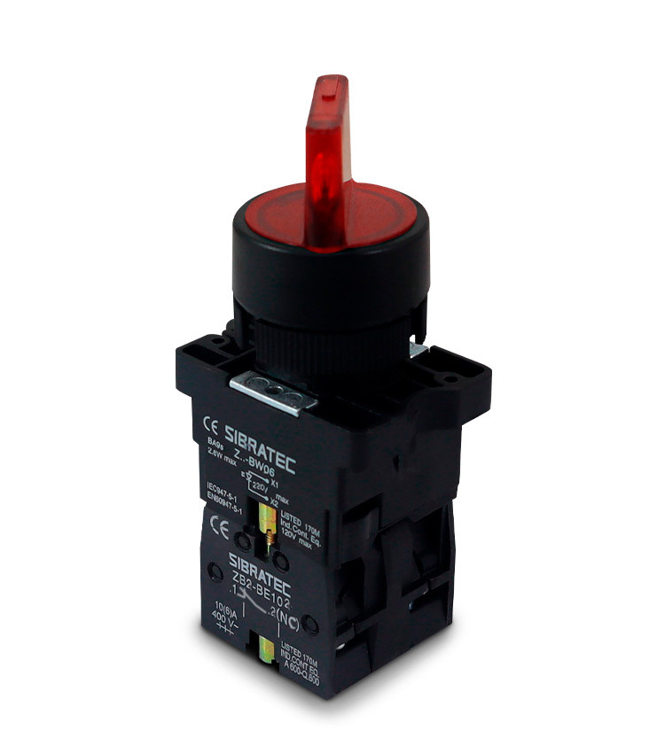 Chave Seletora Iluminada Vermelho 220V com 3 Posições 2NF Plástica 22mm - XB2-EK3465