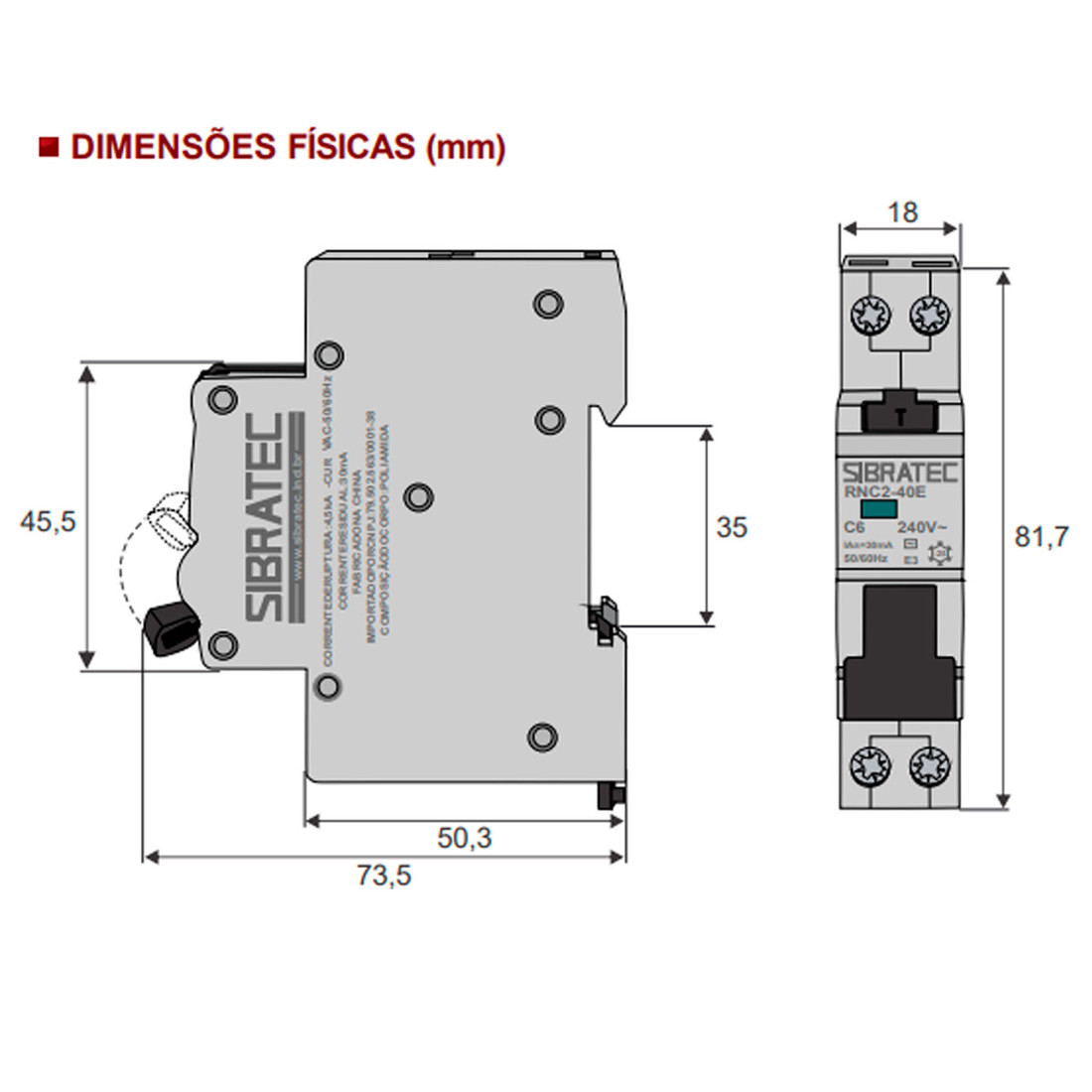 DDR Disjuntor Diferencial Residual 2 Polos 16a 30mA (Mini Disjuntor DIN + DR) - RNC2-40E-16 DDR Disjuntor Diferencial Residual 2 Polos 16a 30mA (Mini Disjuntor DIN + DR) - RNC2-40E-16