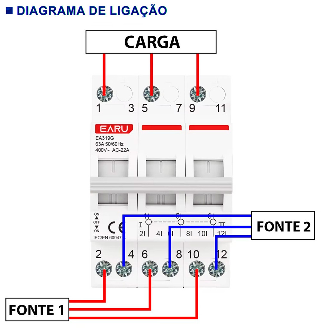 Chave de Transferência 3 Polos 125A Trilho DIN Tripolar Rede Gerador