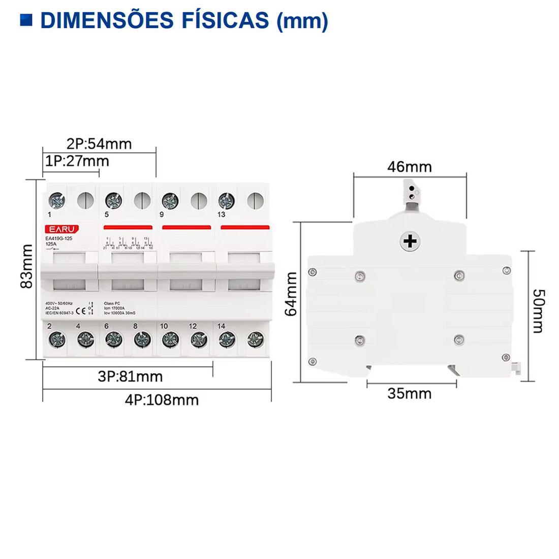 Chave de Transferência 2 Polos 125A Trilho DIN Bipolar Rede Gerador