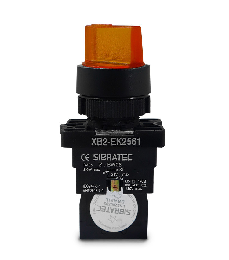 Chave Seletora Iluminada Amarelo 24V com 2 Posições 1NA Plástica 22mm - XB2-EK2561 Chave Seletora Iluminada Amarelo 24V com 2 Posições 1NA Plástica 22mm - XB2-EK2561