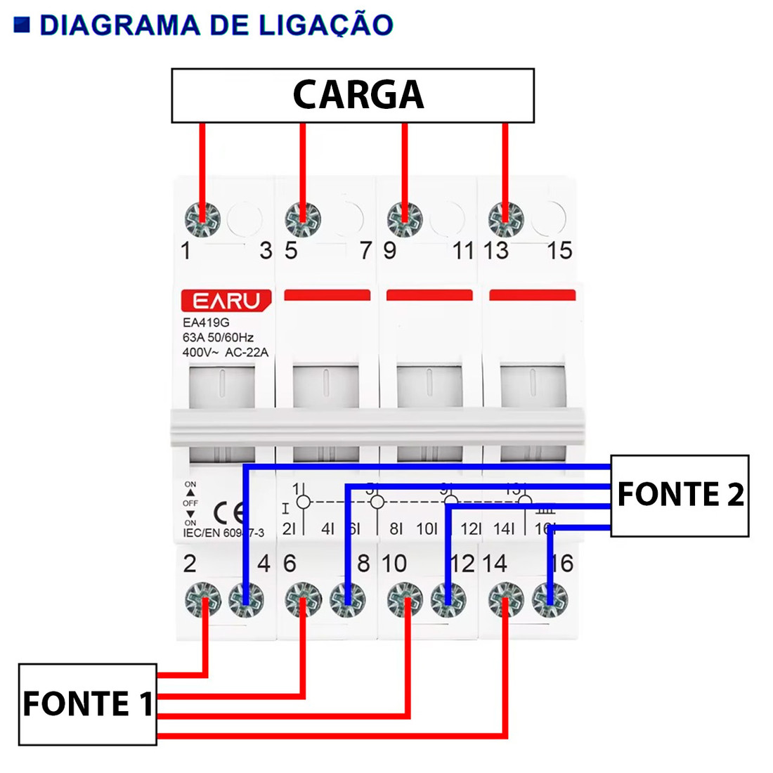 Chave de Transferência 4 Polos 63A Trilho DIN Tetrapolar Rede Gerador
