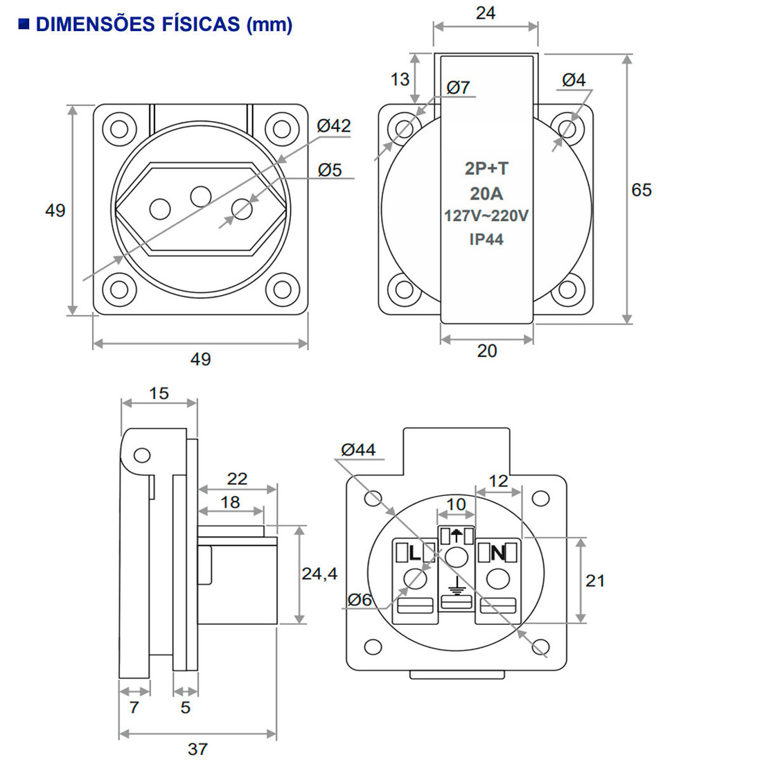 Tomada De Embutir Preta com Tampa 2p+t Padrão Brasileiro 10a / 20a - TBSE Tomada De Embutir Preta com Tampa 2p+t Padrão Brasileiro 10a / 20a - TBSE