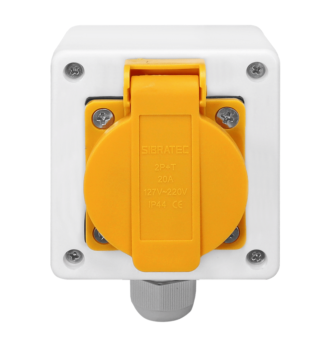 Tomada Amarela c/ Tampa e Caixa Branca 2p+t 10A e 20a Padrão Brasileiro Trilho Din