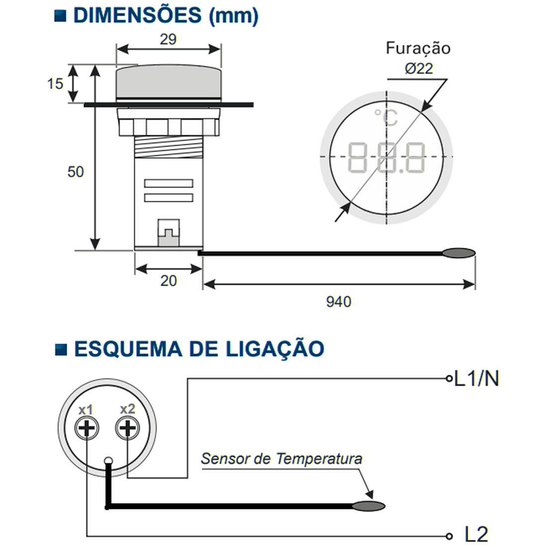 Medidor de Temperatura Digital -20 A 199°C Vermelho 22mm Bivolt 110V / 220V - AD22-22TMR