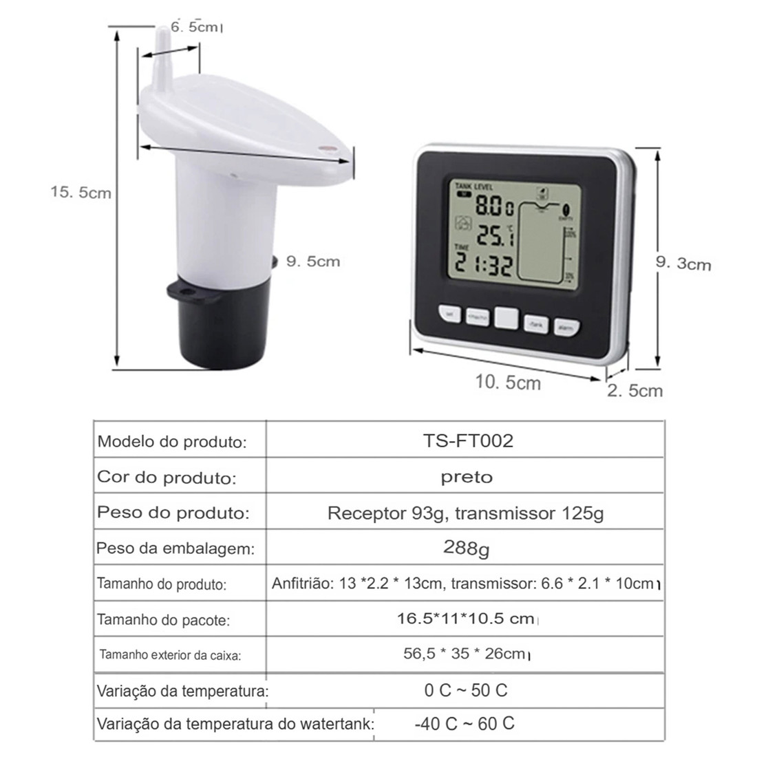 Medidor de Nível Ultrassônico com Display Remoto Medição 0-15m Alimentação à Pilha