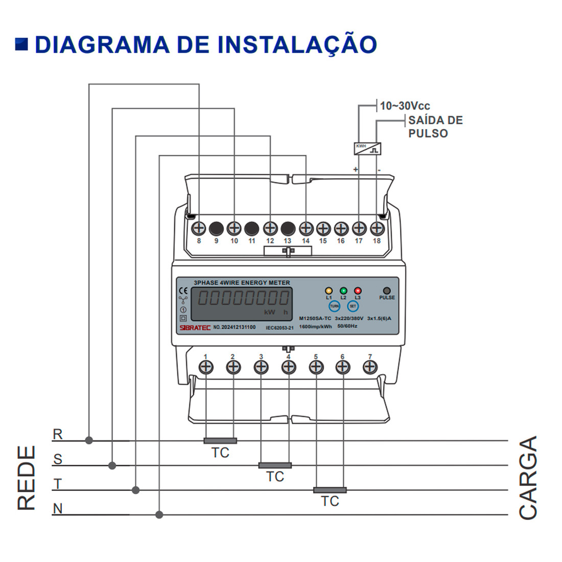 Kit Medidor Energia Kwh Trifásico + 3 TC Transformador de Corrente Kit Medidor Energia Kwh Trifásico + 3 TC Transformador de Corrente