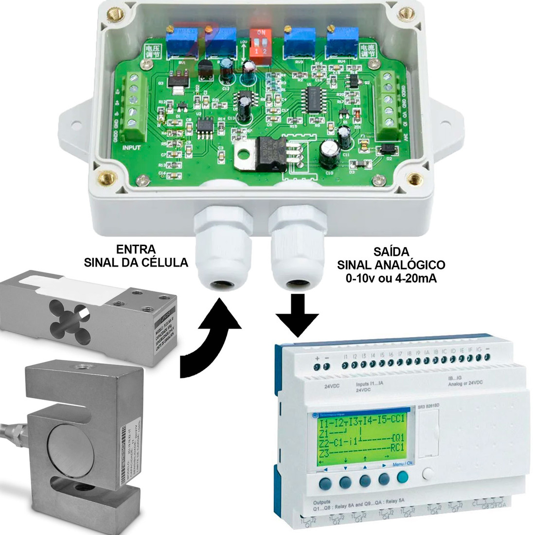 Conversor Sinal Célula de Carga Saída Analógica 0–10V / 4–20mA - JY-S60 Conversor Sinal Célula de Carga Saída Analógica 0–10V / 4–20mA - JY-S60