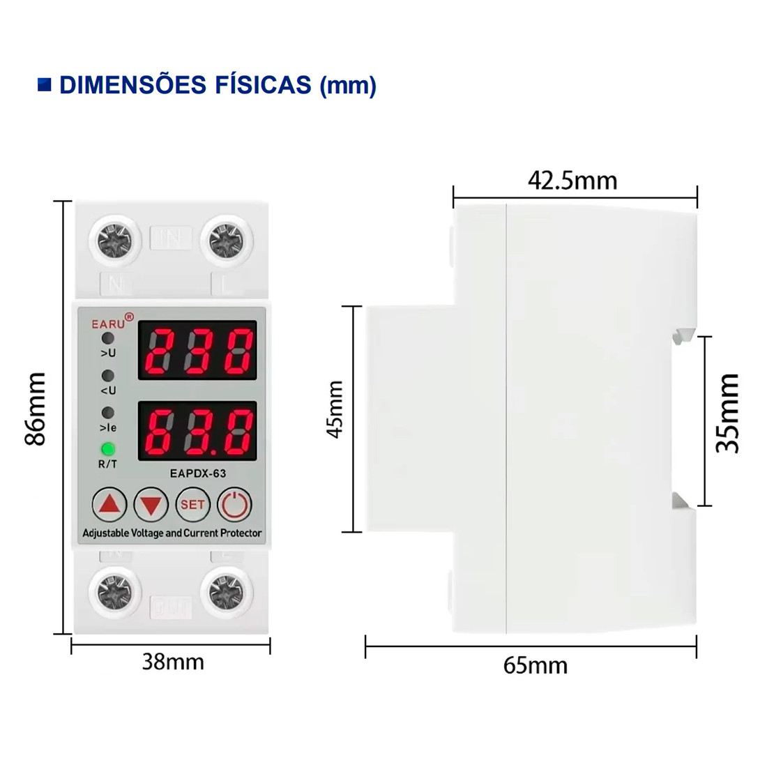Relé Proteção de Voltagem e Corrente 220v 63A 2 Polos - EAPDX-63 Relé Proteção de Voltagem e Corrente 220v 63A 2 Polos - EAPDX-63