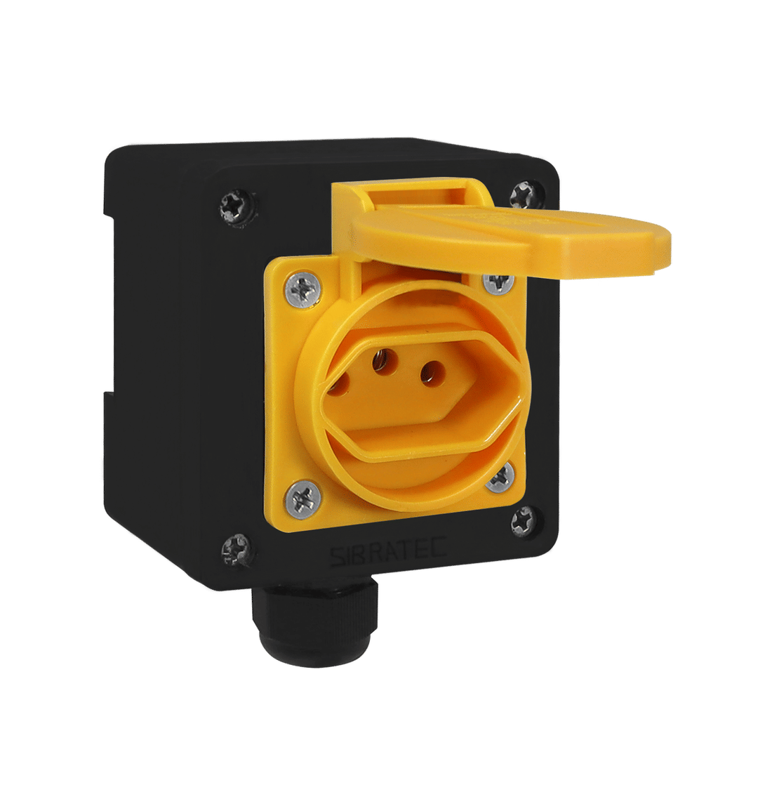 Tomada Amarela c/ Tampa e Caixa Preta 2p+t 10A e 20a Padrão Brasileiro Trilho Din