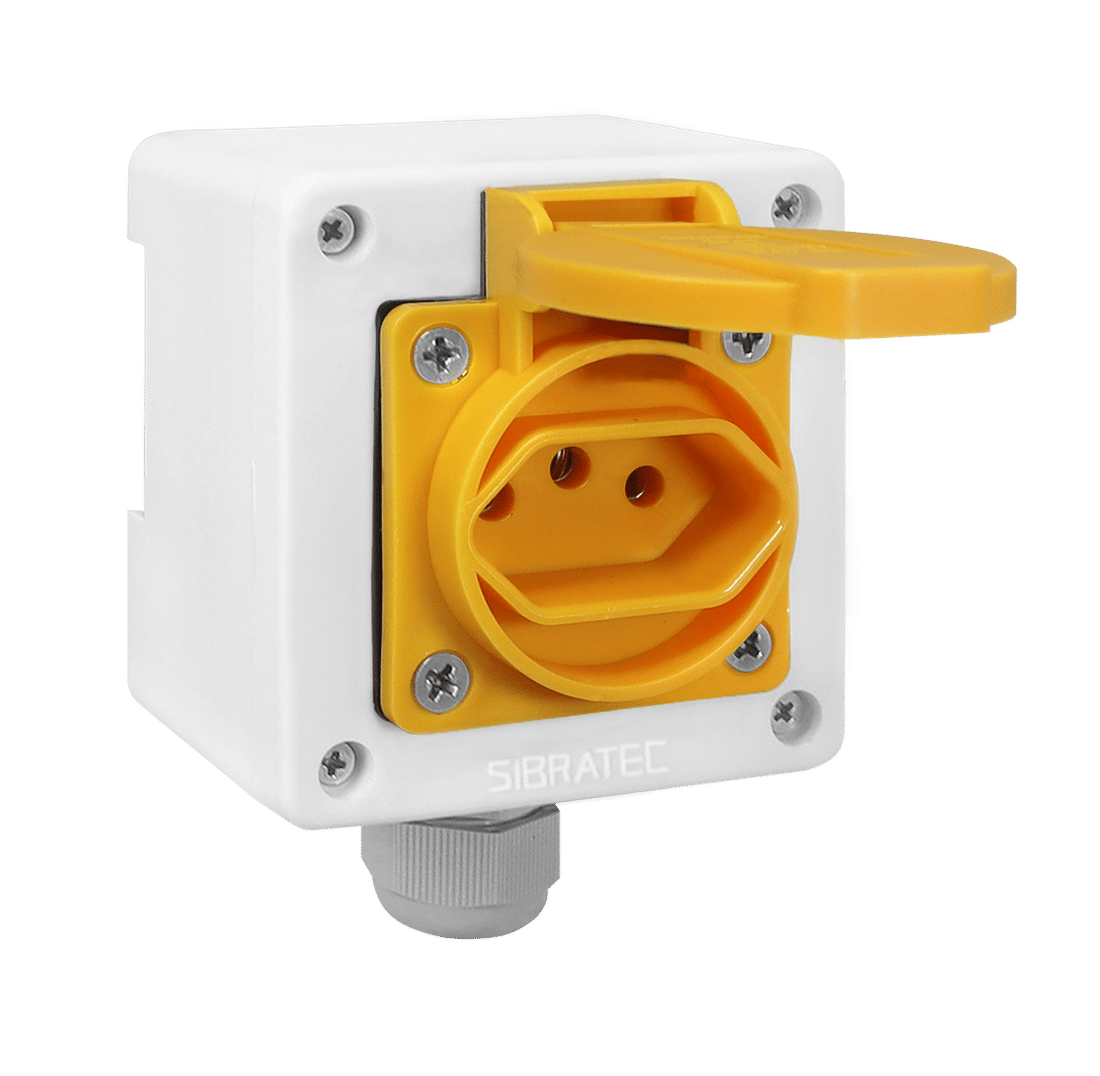 Tomada Amarela c/ Tampa e Caixa Branca 2p+t 10A e 20a Padrão Brasileiro Trilho Din