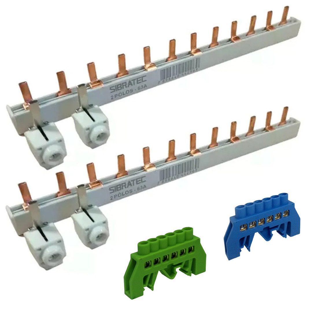 Kit 2 Barramentos Pente 2 Polos + Terra e Neutro + 4 Conector Genérico Quadros de Energia