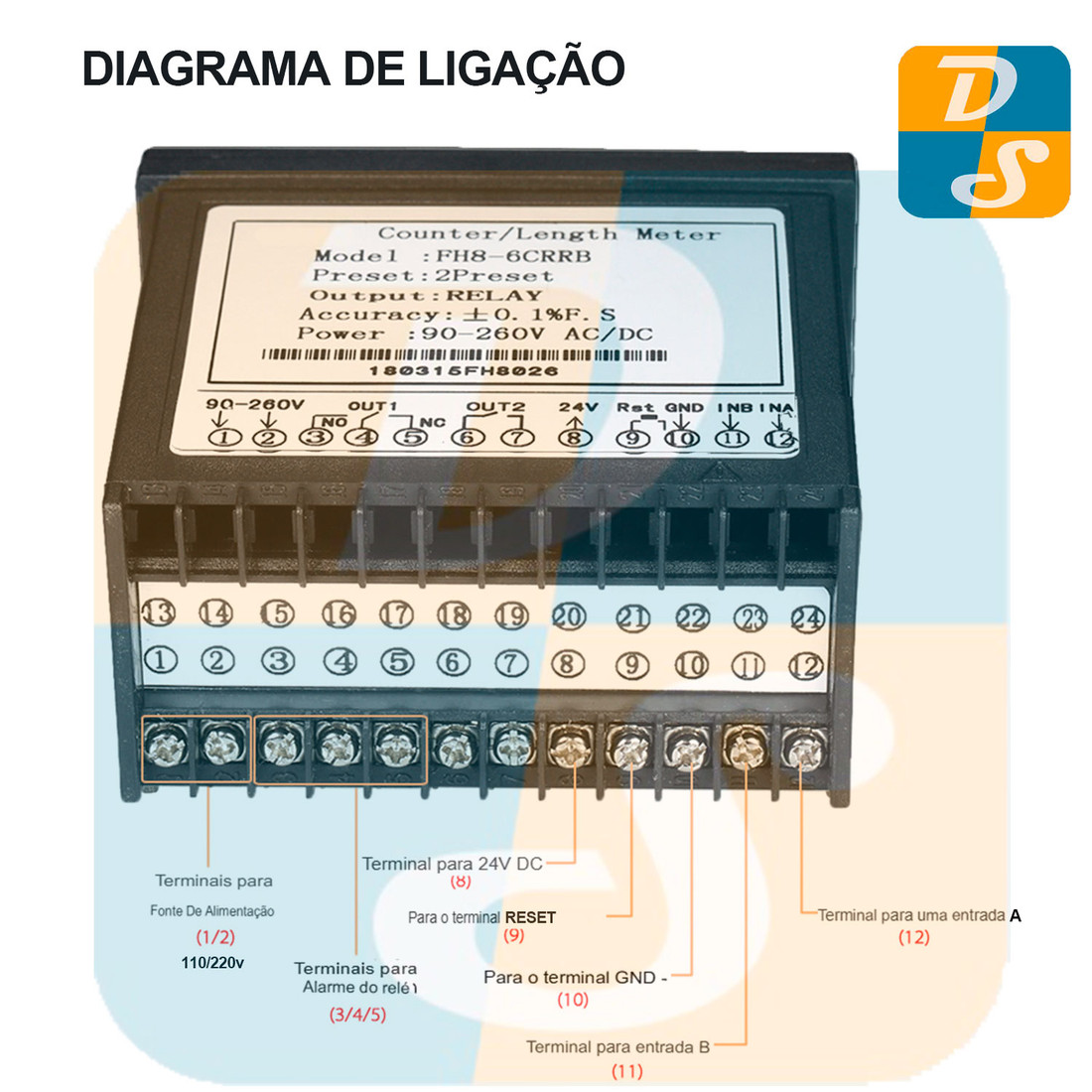 Contador Bidirecional para Encoder Rotativo 2 Saídas e 6 Dígitos 110/220V Conta Mede Distância Ângulo - FH8-6CRRB Contador Bidirecional para Encoder Rotativo 2 Saídas e 6 Dígitos 110/220V Conta Mede Distância Ângulo - FH8-6CRRB