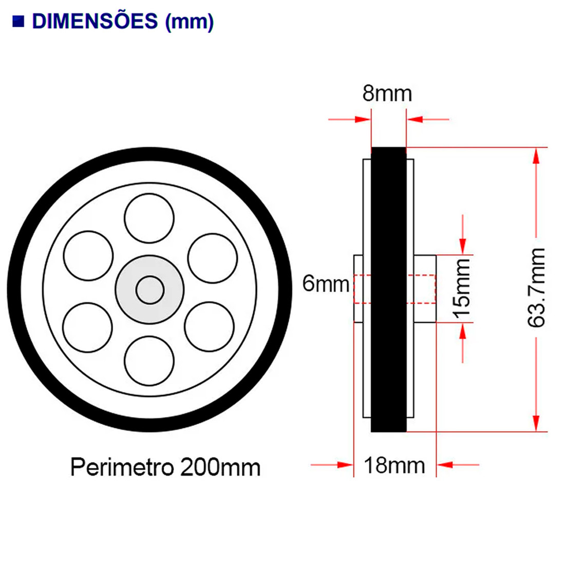 Roda Roldana de Borracha 200mm para Encoder Eixo 6mm Amarela
