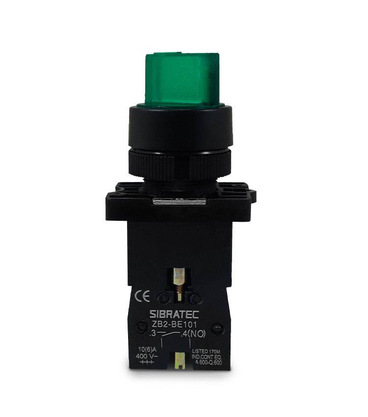 Chave Seletora Iluminada Verde 220V com 2 Posições 1NA Plástica 22mm - XB2-EK2361