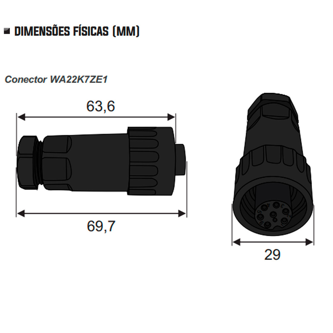 Conector Fêmea com 7 Vias WA22 tipo Pendente para Cabo Blindado IP68 Conector Fêmea com 7 Vias WA22 tipo Pendente para Cabo Blindado IP68