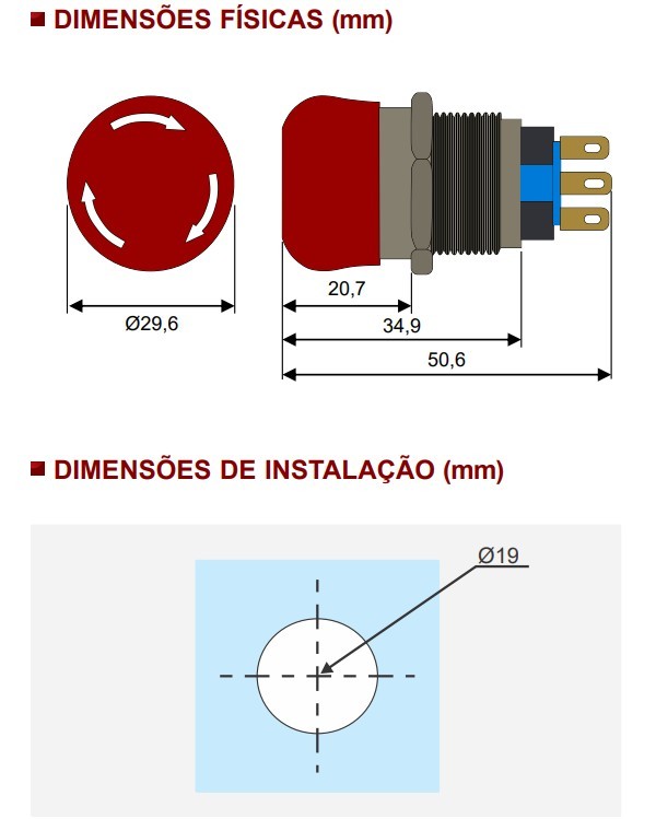 Botão De Emergência Antivandalismo 1 Contato Reversível Metálico 19mm Vermelho - RN19C-M11 Botão De Emergência Antivandalismo 1 Contato Reversível Metálico 19mm Vermelho - RN19C-M11