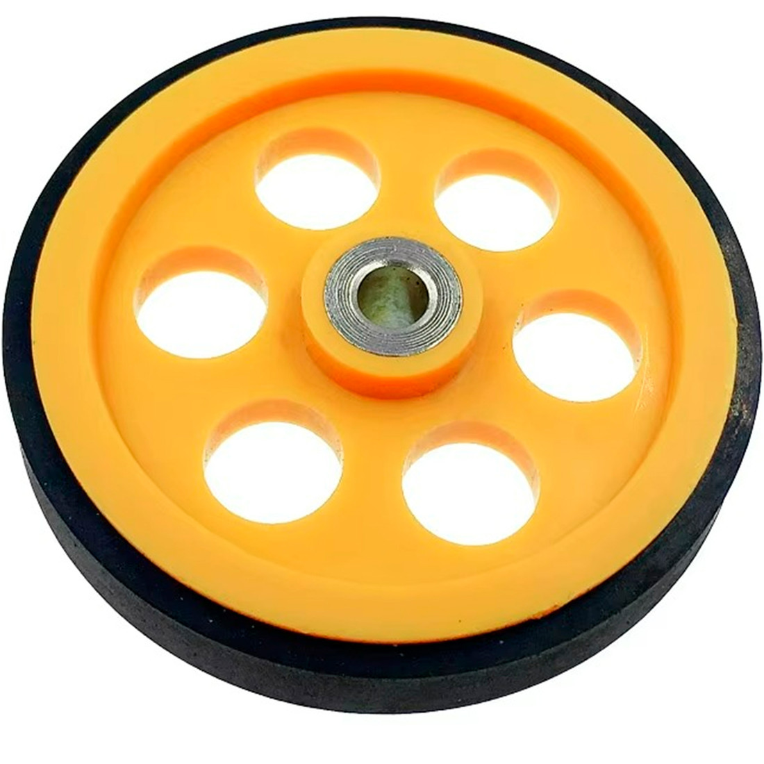 Roda Roldana de Borracha 200mm para Encoder Eixo 6mm Amarela