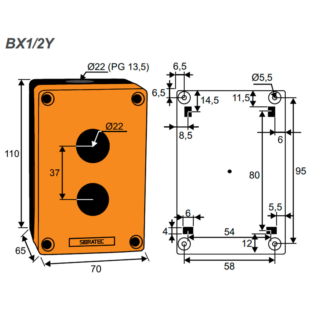 Caixa Plástica Botoeira com 2 Furos 22mm Amarelo e Preto Caixa Plástica Botoeira com 2 Furos 22mm Amarelo e Preto