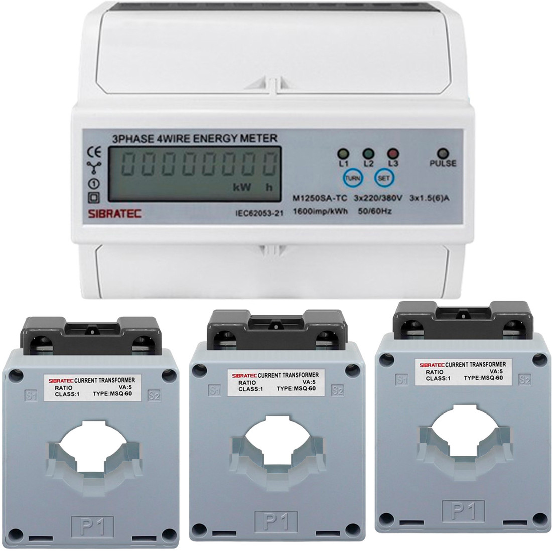 Kit Medidor Energia Kwh Trifásico + 3 TC Transformador de Corrente Kit Medidor Energia Kwh Trifásico + 3 TC Transformador de Corrente