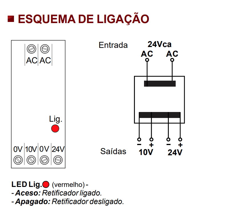 Retificador Tensão Ac-Dc Entrada 24Vac / Saída 10Vdc + 24Vdc 500mA Retificador Tensão Ac-Dc Entrada 24Vac / Saída 10Vdc + 24Vdc 500mA
