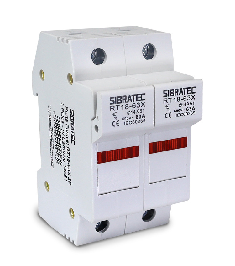 Porta Fusível Cartucho 2 Polos até 63A RO16 14x51mm 690V com LED Indicador - RT18-63 Porta Fusível Cartucho 2 Polos até 63A RO16 14x51mm 690V com LED Indicador - RT18-63