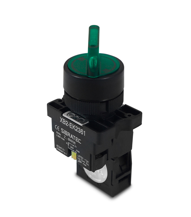 Chave Seletora Iluminada Verde 24V com 2 Posições 1NA Plástica 22mm - XB2-EK2361 Chave Seletora Iluminada Verde 24V com 2 Posições 1NA Plástica 22mm - XB2-EK2361