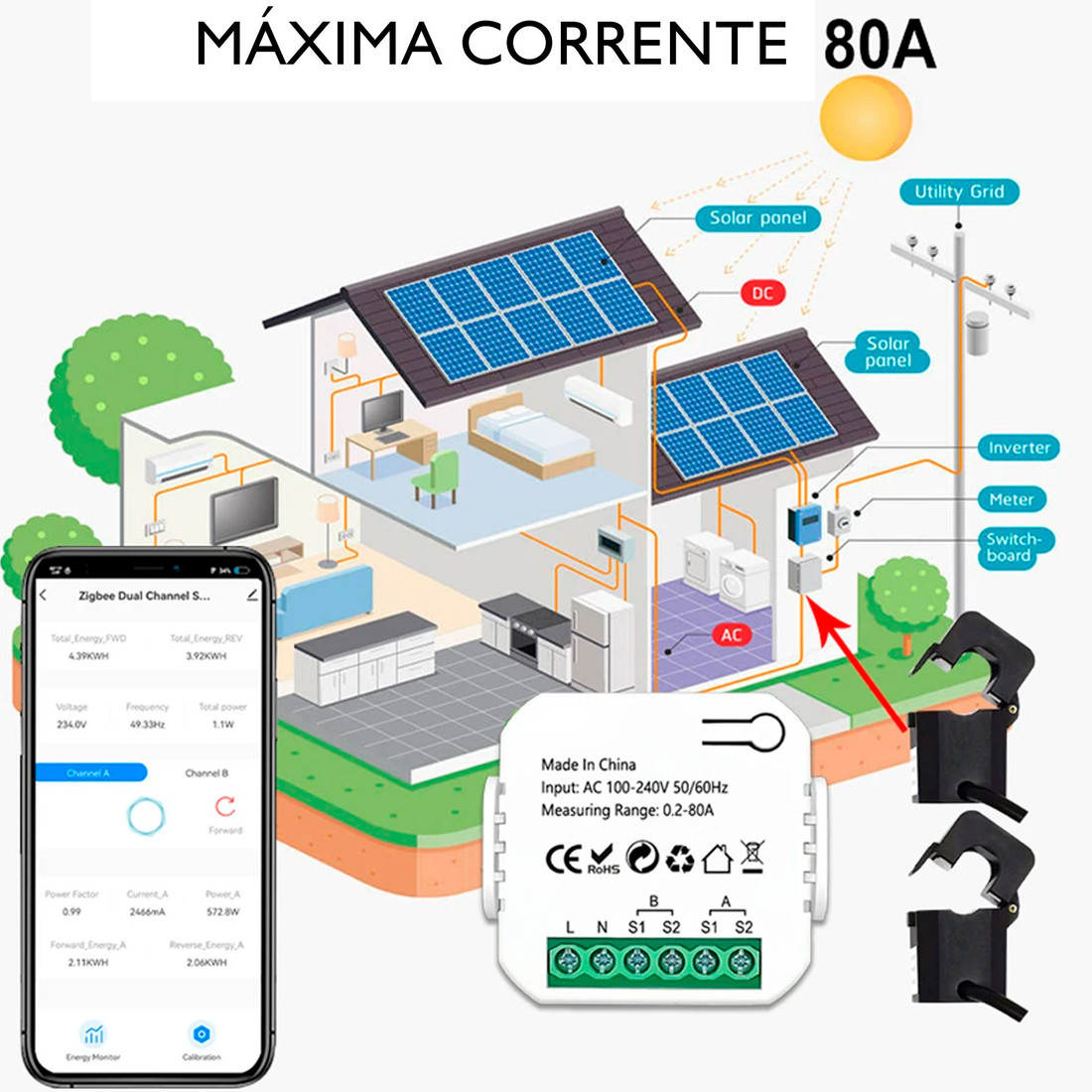 Medidor Energia Kwh Geração Monofásico Tc 80a 110/220v Wifi Aplicativo