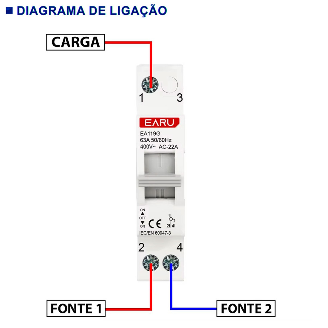 Chave de Transferência 1 Polo 63A Trilho DIN Monopolar Rede Gerador