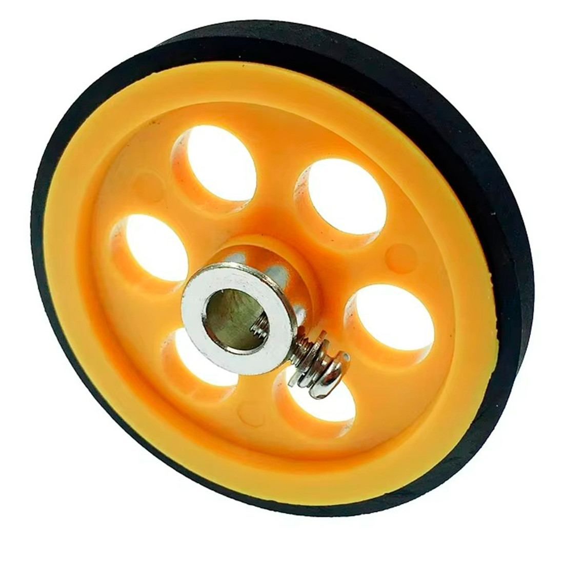Roda Roldana de Borracha 200mm para Encoder Eixo 6mm Amarela