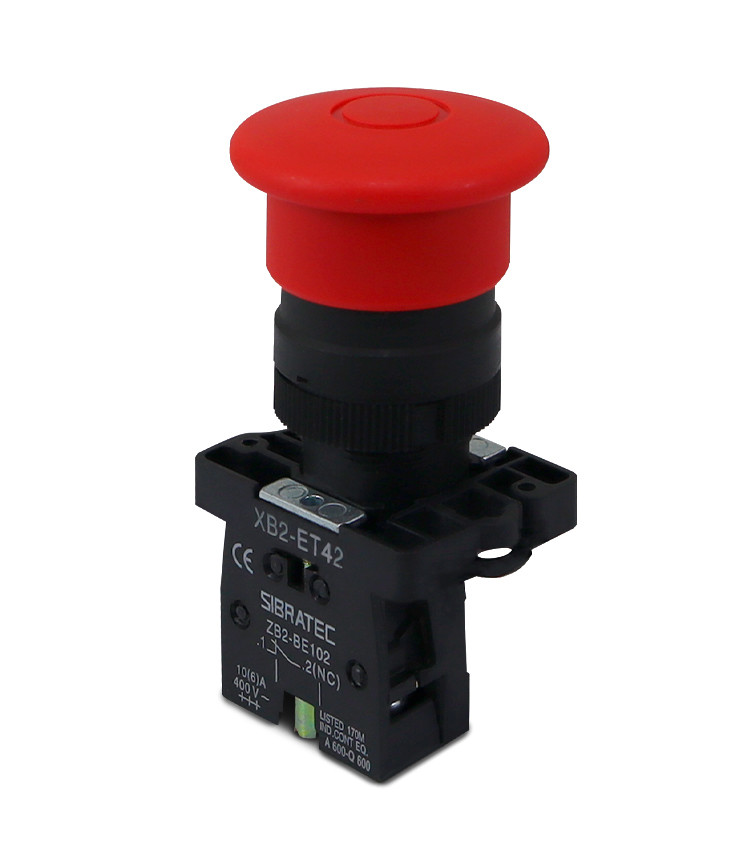 Botão de Emergência tipo Cogumelo 1NF (Destrava Puxando) Plástico 22mm com Trava - XB2-ET42