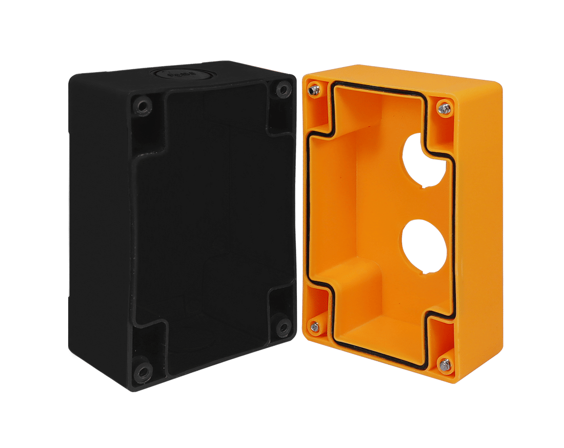 Caixa Plástica Botoeira com 2 Furos 22mm Amarelo e Preto Caixa Plástica Botoeira com 2 Furos 22mm Amarelo e Preto