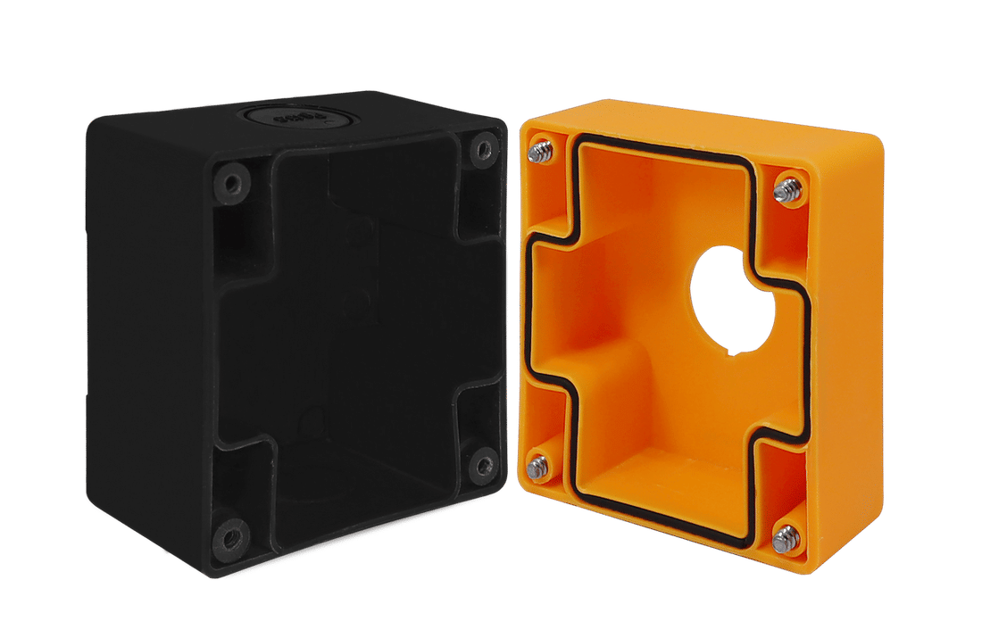 Caixa Plástica Botoeira com 1 Furo 22mm Amarelo e Preto Caixa Plástica Botoeira com 1 Furo 22mm Amarelo e Preto