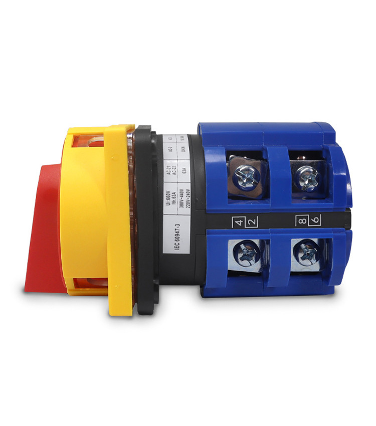 Chave Liga Desliga Rotativa 63A 4 Polos para Porta de Painel Vermelha / Amarela - LW28GS-63A Chave Liga Desliga Rotativa 63A 4 Polos para Porta de Painel Vermelha / Amarela - LW28GS-63A