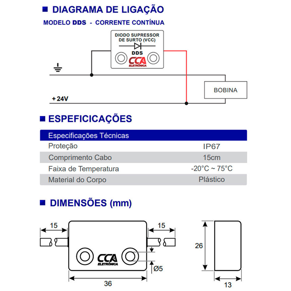 Filtro Diodo Supressor de Surto / Ruido Corrente Contínua 0-24Vdc - DDS Filtro Diodo Supressor de Surto / Ruido Corrente Contínua 0-24Vdc - DDS