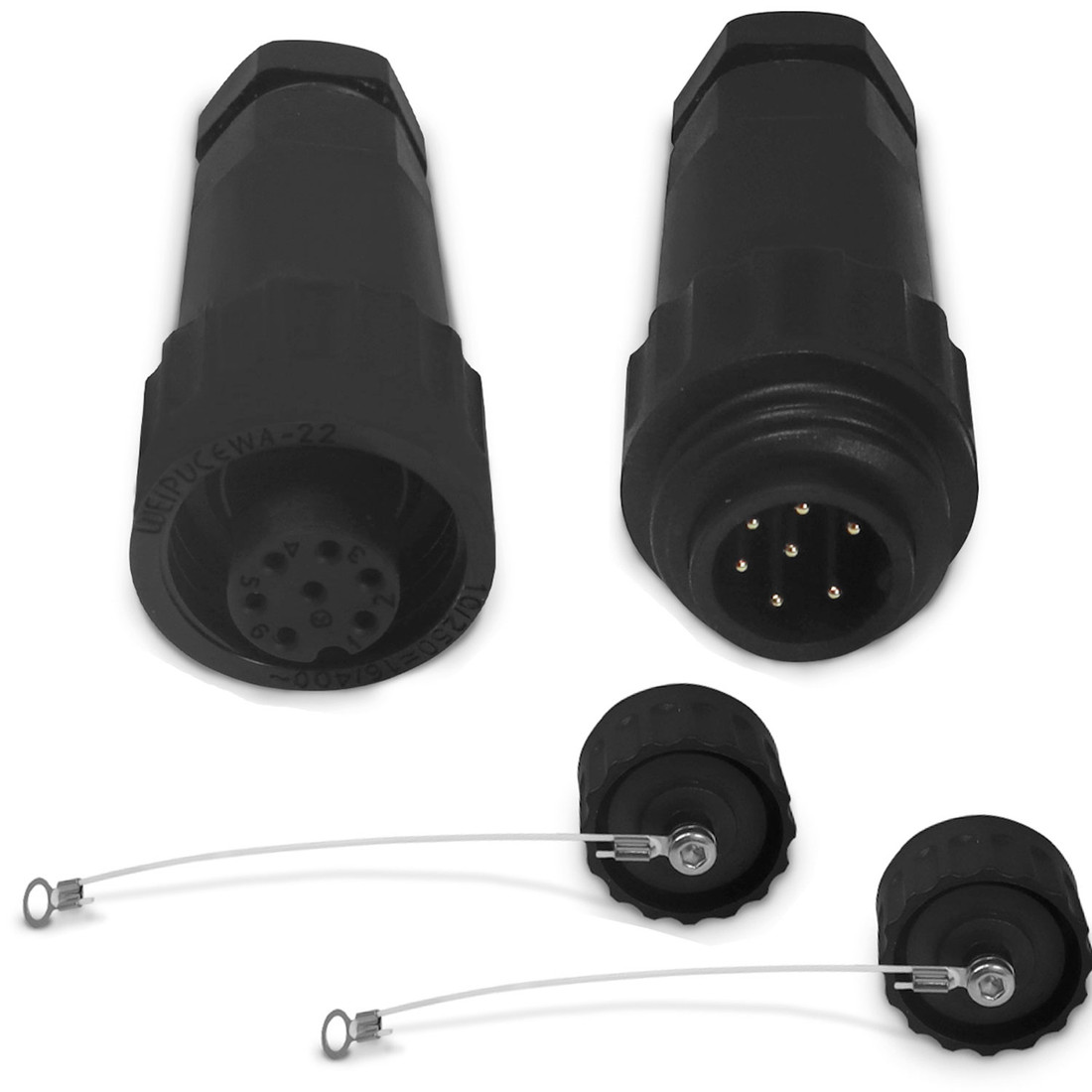 Kit Conector Fêmea + Macho 7 Vias com Tampa Blindado tipo Pendente para Cabo WA22